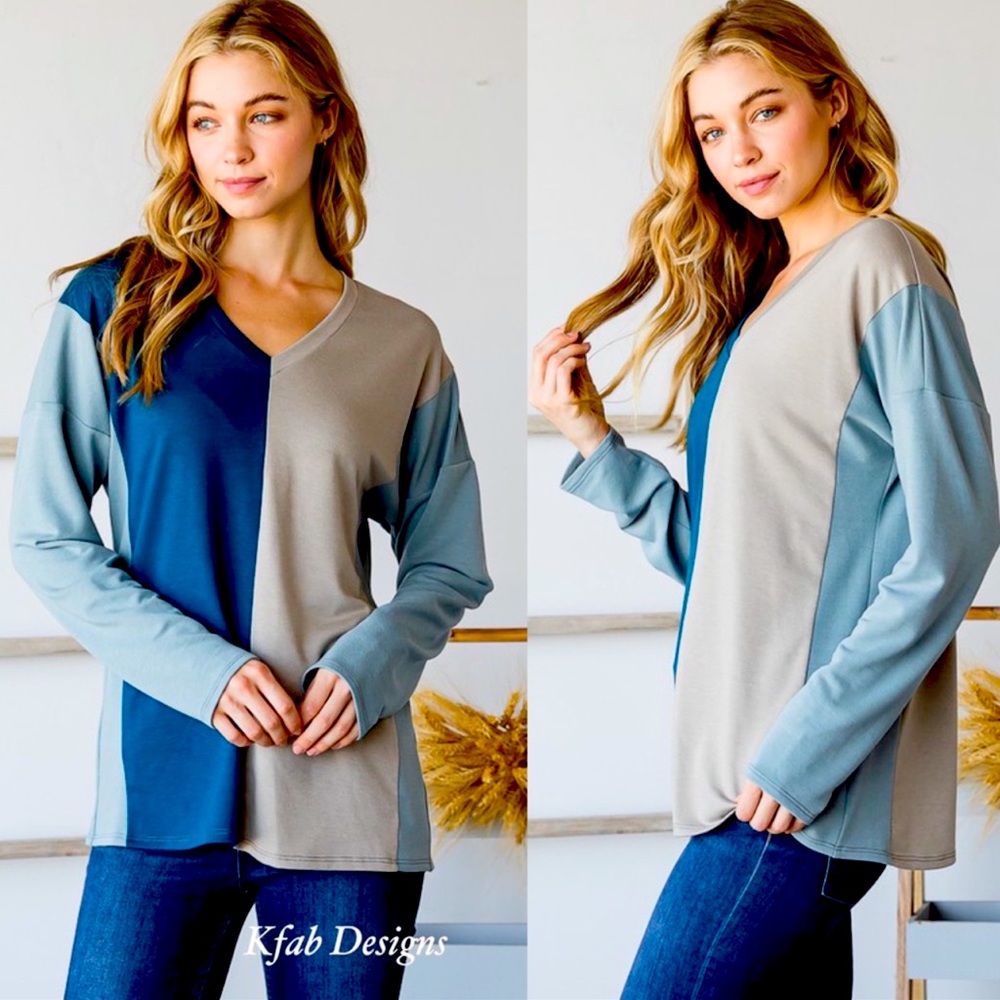 B5B💙🤍Head turning+soft electric blue color block top w/v-neck+style4 days💙